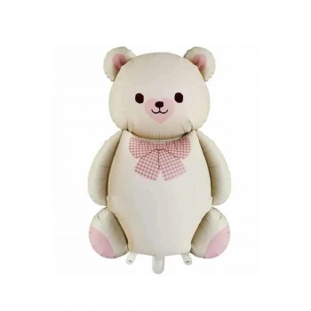 Fiyonklu Teddy Ayıcık Folyo Balon - Krem (87x65 cm)