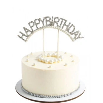 Pasta Üstü Çubuklu Happy Birthday Taşlı İncili Süs