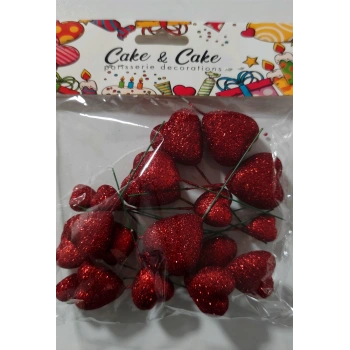 Pasta üstü simli kırmızı kalpli top süs