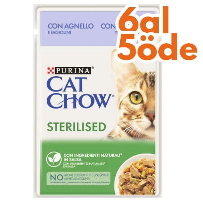 Cat Chow Pouch Sterilised Kuzu Etli ve Yeşil Fasülyeli Kısırlaştırılmış Kedi Yaş Maması 85 Gr - 6 AL 5 ÖDE