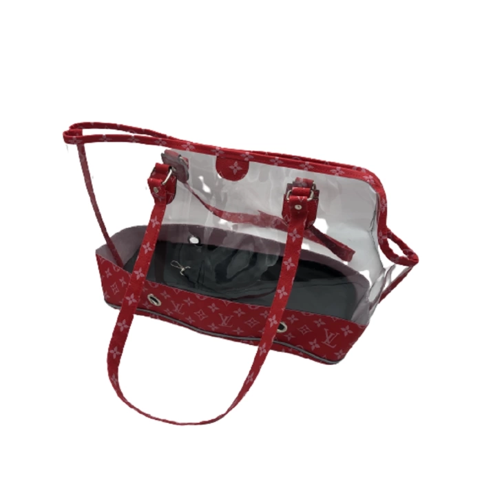 Küçük Irk Köpek Askılı Şeffaf Taşıma Çantası Kırmızı 49x15x30 cm