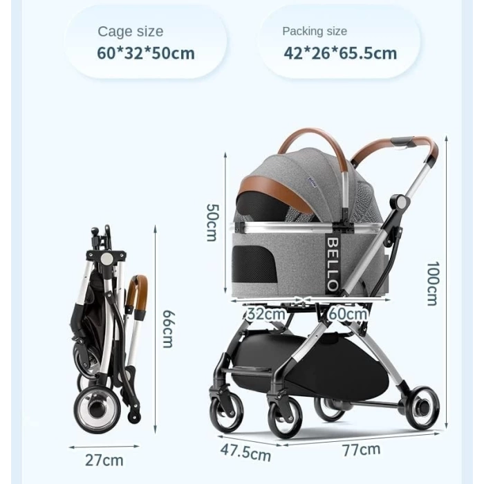 3 in 1 Katlanabilir Şık Tasarımlı Evcil Hayvan Arabası 15 Kg Kapasiteli
