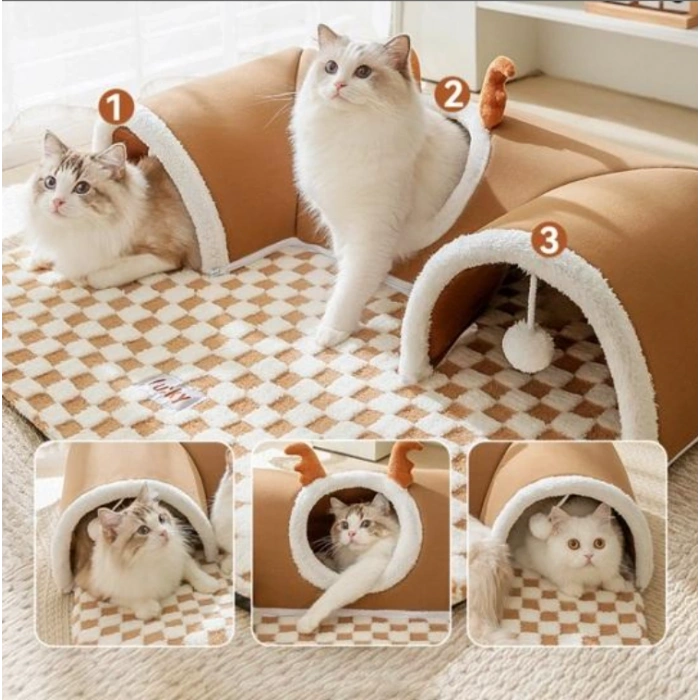 Tünel Şeklinde Toplu Kedi Yatağı ve Oyun Evi 75x55 cm