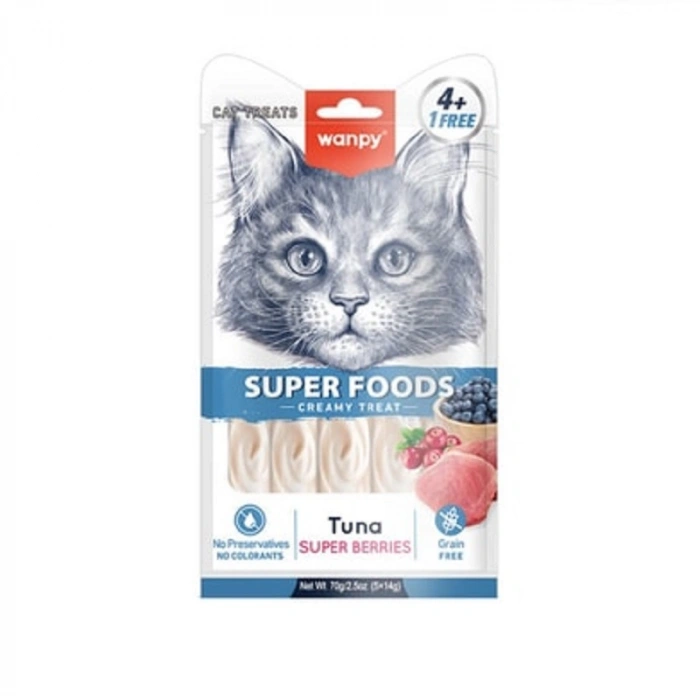 Wanpy Superfood Ton Balıklı Yaban Mersinli ve Kızılcıklı Krema Kedi Ödülü 5x14gr