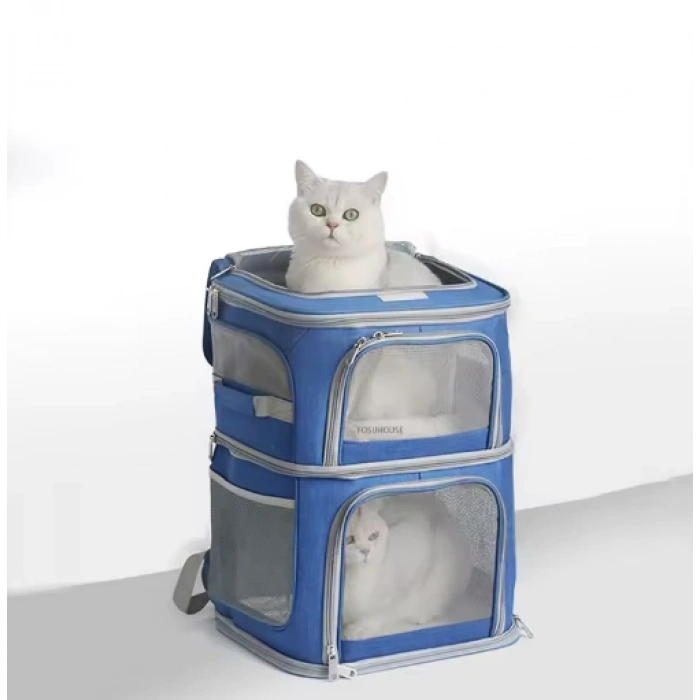 Çift Bölmeli Çıkarılabilir Tekerlekli Evcil Hayvan Arabası 5.4 Kg Kapasiteli Mavi