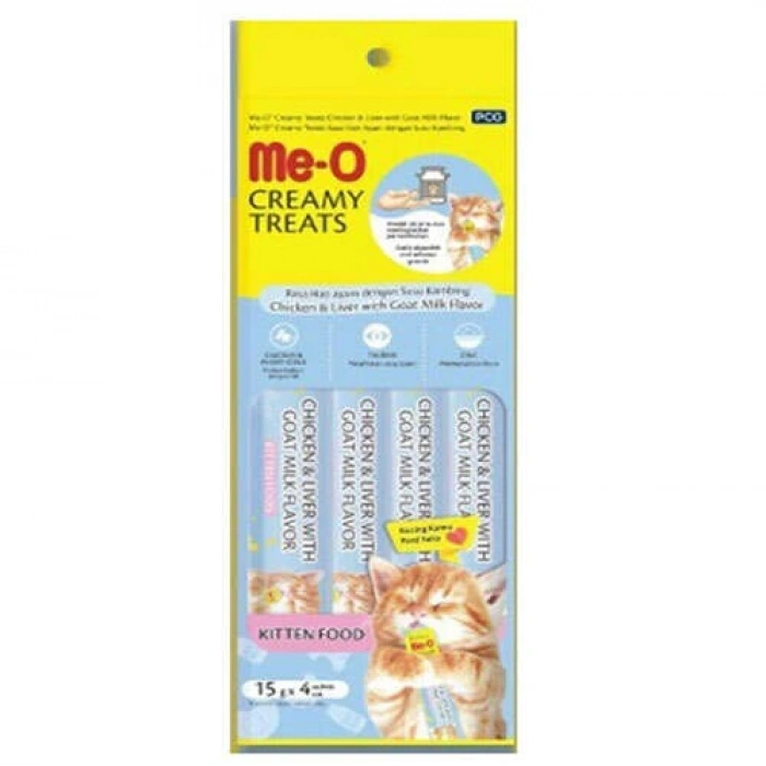 Me-O Creamy Kitten Tavuk Ciğer ve Keçi Sütlü Ek Besin ve Yavru Sıvı Kedi Ödül Maması 4x15 Gr