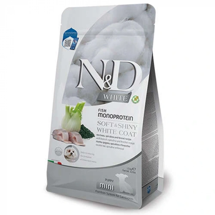 N&D White Coat Mini Puppy Levrek ve Spirulina Beyaz Tüylü Mini Irk Tahılsız Yavru Köpek Maması 1.5 Kg