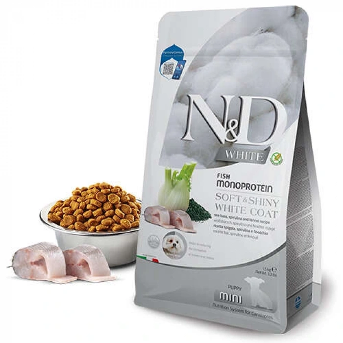 N&D White Coat Mini Puppy Levrek ve Spirulina Beyaz Tüylü Mini Irk Tahılsız Yavru Köpek Maması 1.5 Kg