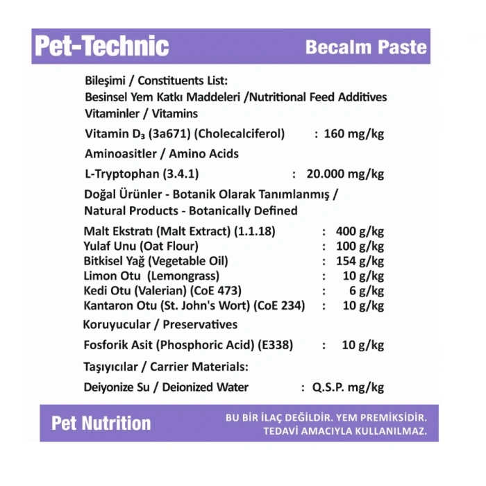 Pet-Technic Becalm Paste Kedi Köpek Stres ve Anksiyete Azaltıcı Doğal Sakinleştirici Takviye 100 Gr