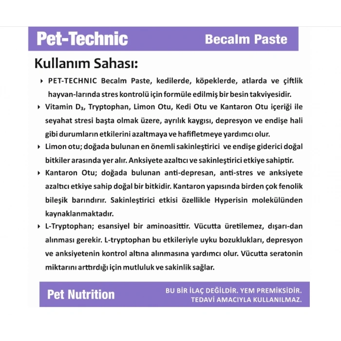 Pet-Technic Becalm Paste Kedi Köpek Stres ve Anksiyete Azaltıcı Doğal Sakinleştirici Takviye 100 Gr