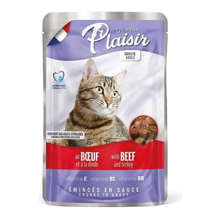 Plaisir Pouch Soslu Sığır ve Hindi Parçalı Kısırlaştırılmış ve Yetişkin Kedi Yaş Maması 100 Gr