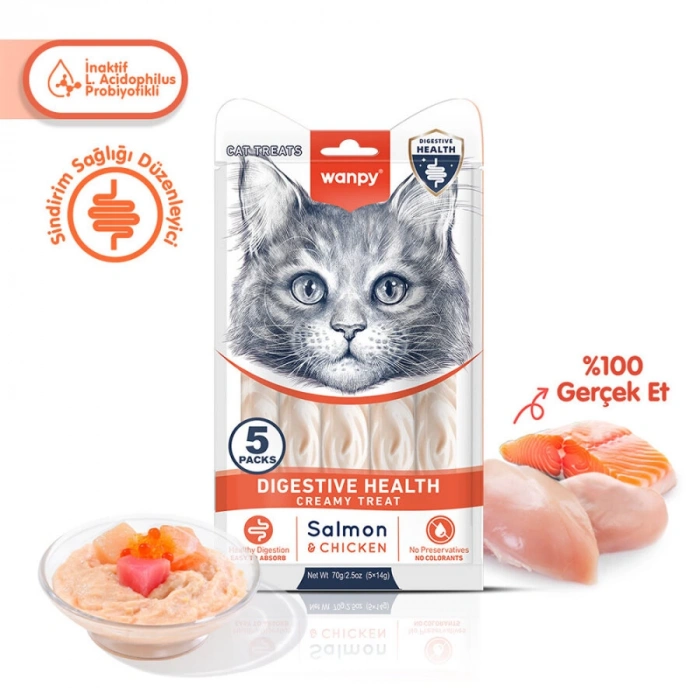 Wanpy Digestive Health Somonlu ve Tavuklu Sindirim Desteği Krema Kedi Ödül Maması 14 Gr (5li)