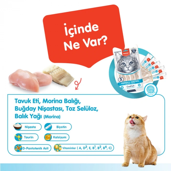 Wanpy Hairball Control Morinalı ve Tavuklu Tüy Yumağı Önleyici Krema Kedi Ödül Maması 14 Gr (5li)