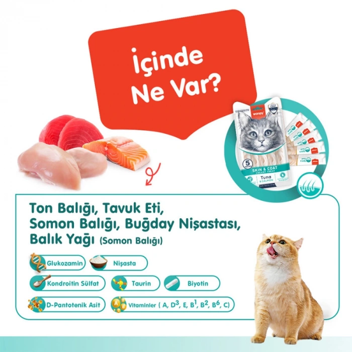 Wanpy Skin&Coat Ton Balıklı ve Somonlu Tüy Sağlığı Destekleyici Krema Kedi Ödül Maması 14 Gr (5li)