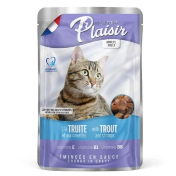 Plaisir Pouch Alabalık ve Karidesli Soslu Parçalı Kısırlaştırılmış ve Yetişkin Kedi Yaş Maması 100 Gr