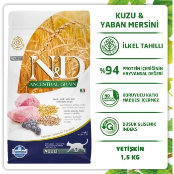 N&D Düşük Tahıllı Kuzu Yaban Mersini Yetişkin Kedi Maması 1.5 Kg