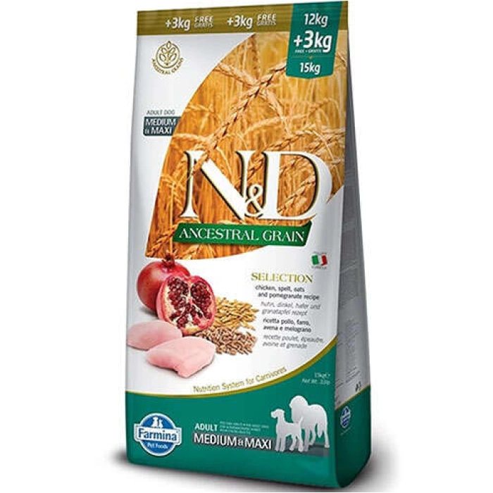N&D Düşük Tahıllı Selection Tavuk Nar Orta ve Büyük Irk Köpek Maması 12 + 3 Kg