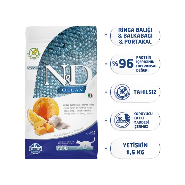 N&D Ocean Balkabak Morina Balıklı ve Portakallı Yetişkin Kedi Maması 1.5 Kg