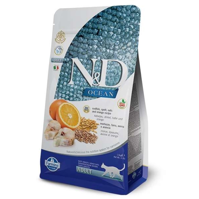 N&D Ocean Düşük Tahıllı Morina Balıklı ve Portakallı Yetişkin Kedi Maması 1.5 Kg