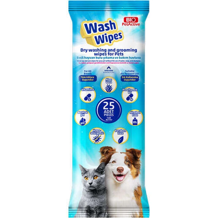 Bio Pet Active Wash Wipes Kuru Yıkama Bakım Havlusu (25 Adet)