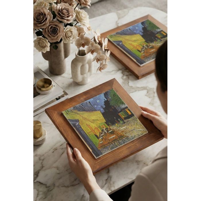 - Vincent Van Gogh - Ahşap Çerçeveli Taş Tablo