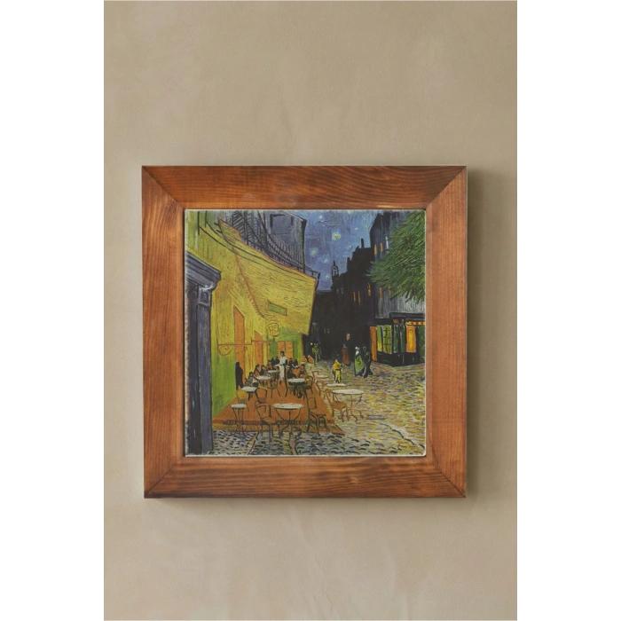 Vincent Van Gogh - Terrasse de Cafe de Nuit - Doğal Ahşap Çerçeveli Taş Tablo