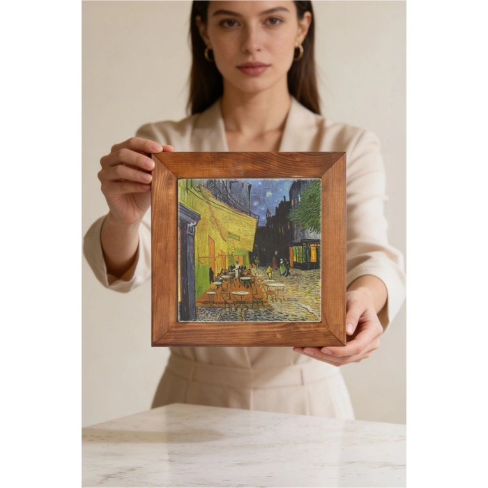 Vincent Van Gogh - Terrasse de Cafe de Nuit - Doğal Ahşap Çerçeveli Taş Tablo