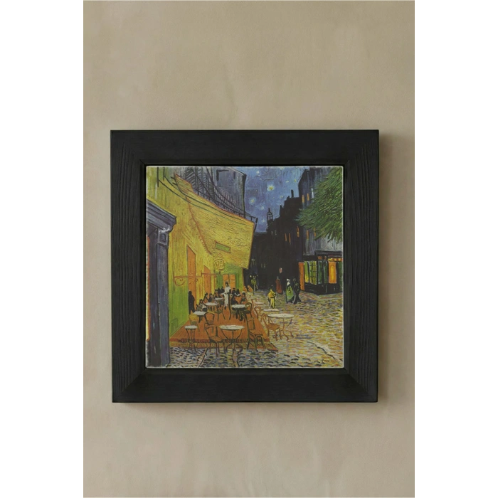 Vincent Van Gogh - Terrasse de Cafe de Nuit - Doğal Ahşap Çerçeveli Taş Tablo