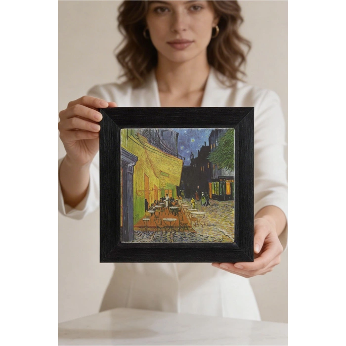 Vincent Van Gogh - Terrasse de Cafe de Nuit - Doğal Ahşap Çerçeveli Taş Tablo