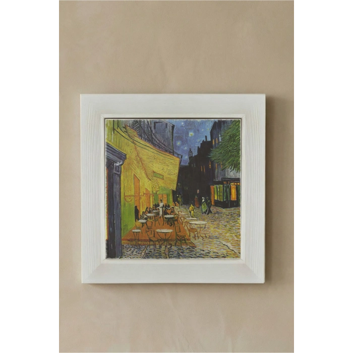 Vincent Van Gogh - Terrasse de Cafe de Nuit - Doğal Ahşap Çerçeveli Taş Tablo