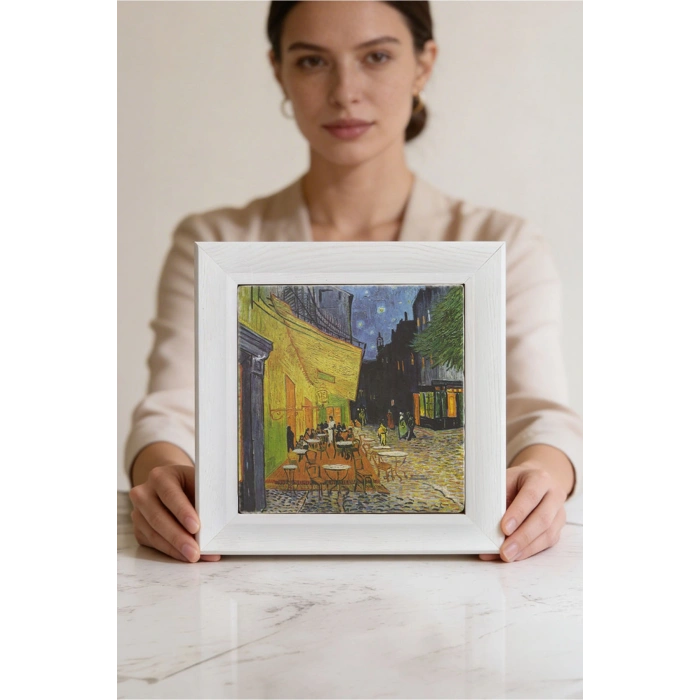 Vincent Van Gogh - Terrasse de Cafe de Nuit - Doğal Ahşap Çerçeveli Taş Tablo