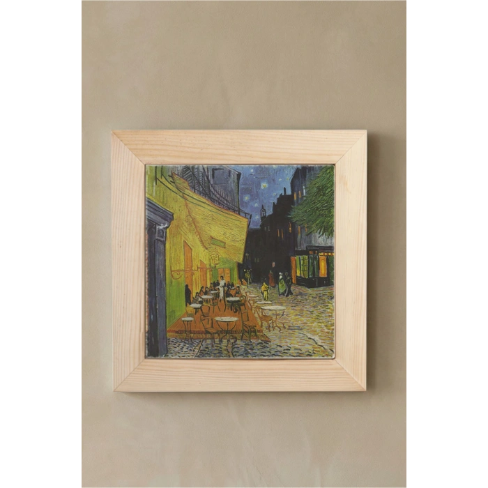 Vincent Van Gogh - Terrasse de Cafe de Nuit - Doğal Ahşap Çerçeveli Taş Tablo