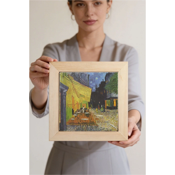 Vincent Van Gogh - Terrasse de Cafe de Nuit - Doğal Ahşap Çerçeveli Taş Tablo