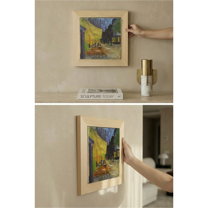 Vincent Van Gogh - Terrasse de Cafe de Nuit - Doğal Ahşap Çerçeveli Taş Tablo