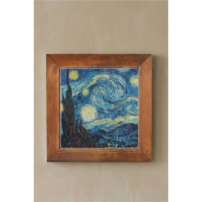 Vincent Van Gogh -Yıldızlı Gece - Doğal Ahşap Çerçeveli Taş Tablo