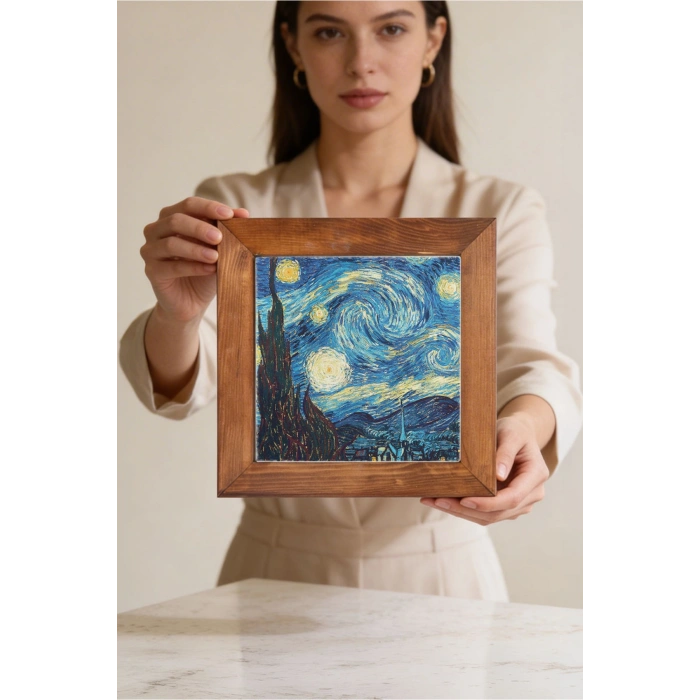 Vincent Van Gogh -Yıldızlı Gece - Doğal Ahşap Çerçeveli Taş Tablo