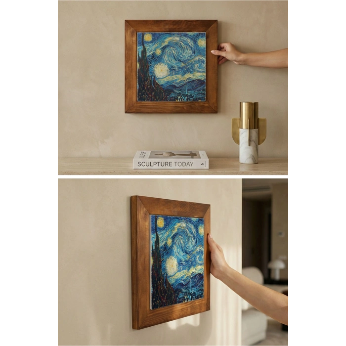 Vincent Van Gogh -Yıldızlı Gece - Doğal Ahşap Çerçeveli Taş Tablo
