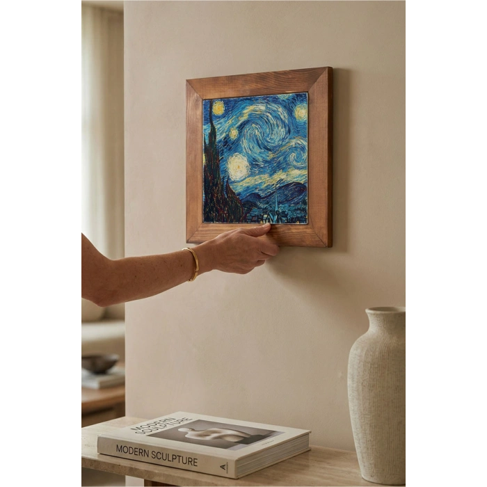Vincent Van Gogh -Yıldızlı Gece - Doğal Ahşap Çerçeveli Taş Tablo