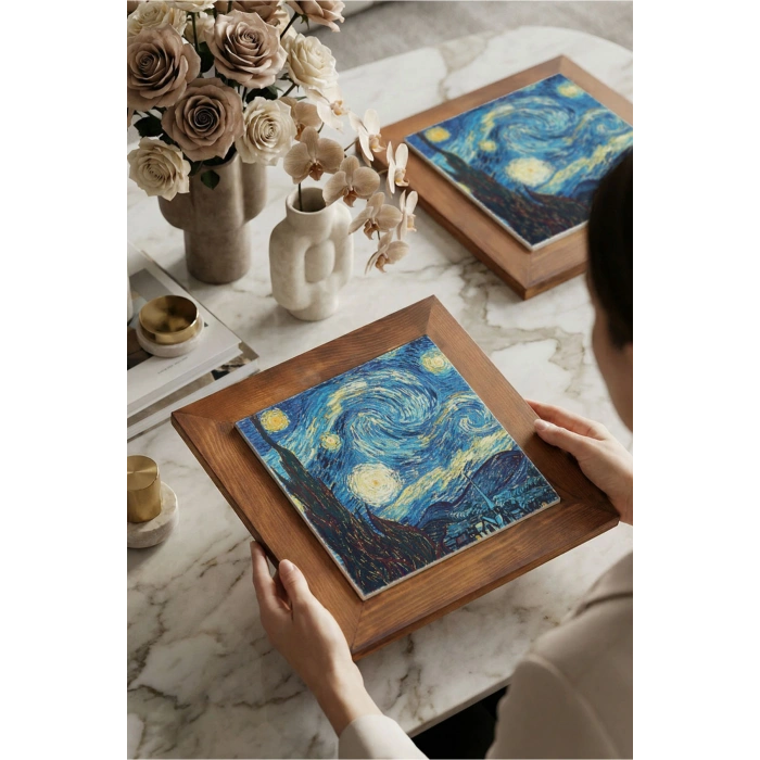 Vincent Van Gogh -Yıldızlı Gece - Doğal Ahşap Çerçeveli Taş Tablo