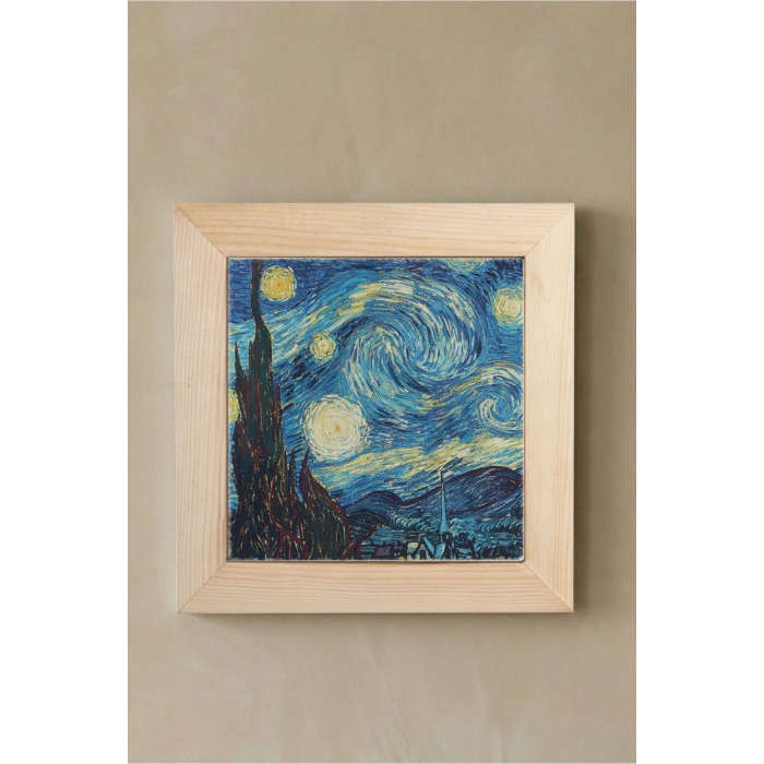 Vincent Van Gogh -Yıldızlı Gece - Doğal Ahşap Çerçeveli Taş Tablo