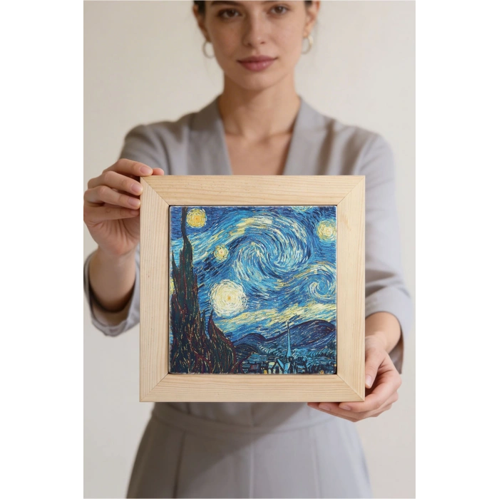 Vincent Van Gogh -Yıldızlı Gece - Doğal Ahşap Çerçeveli Taş Tablo