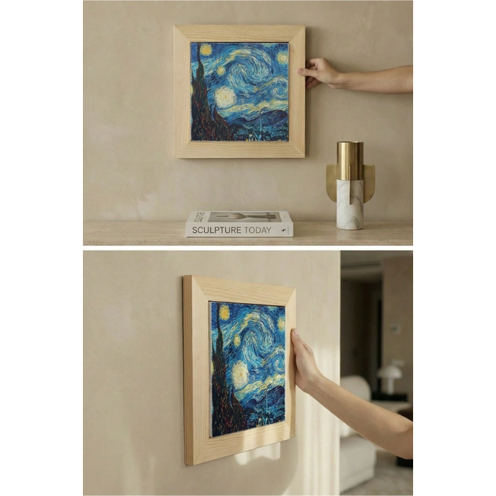 Vincent Van Gogh -Yıldızlı Gece - Doğal Ahşap Çerçeveli Taş Tablo