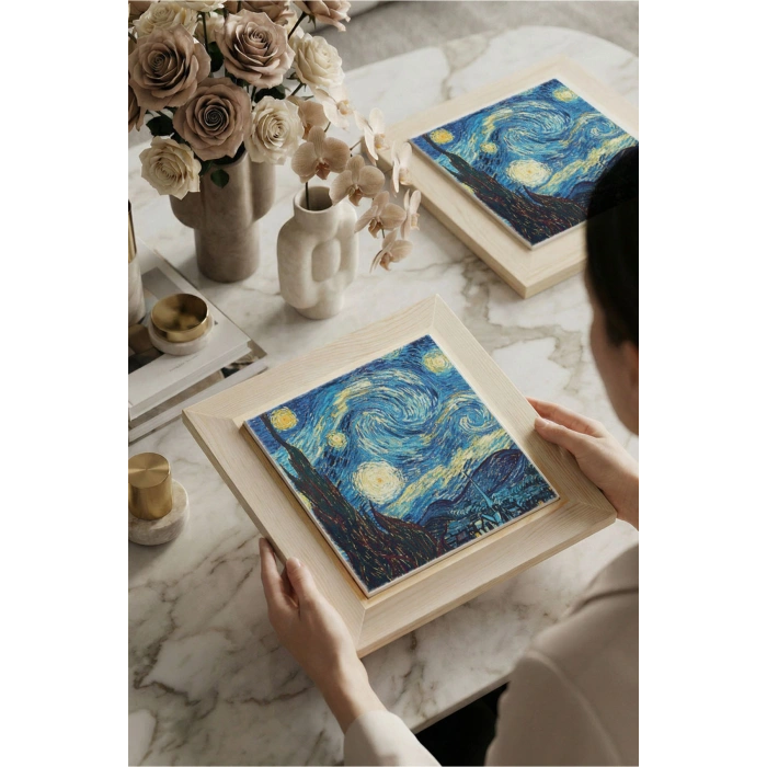 Vincent Van Gogh -Yıldızlı Gece - Doğal Ahşap Çerçeveli Taş Tablo