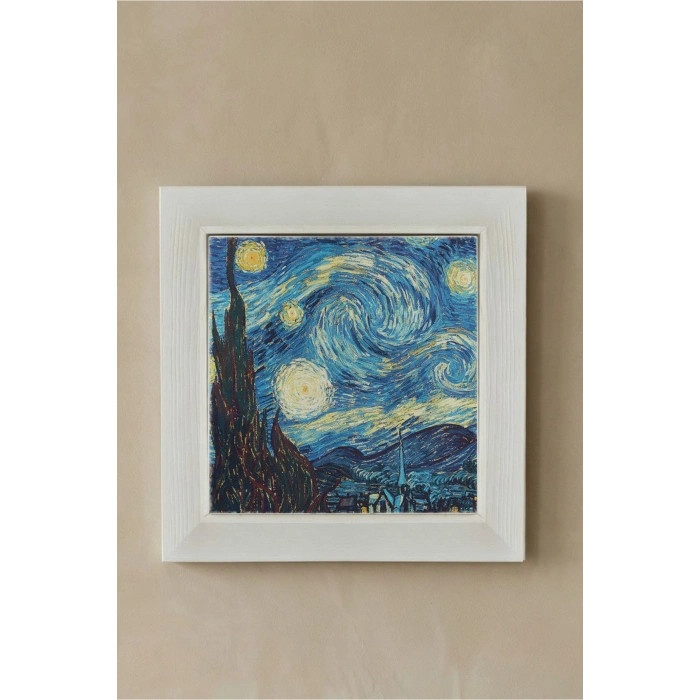 Vincent Van Gogh -Yıldızlı Gece - Doğal Ahşap Çerçeveli Taş Tablo