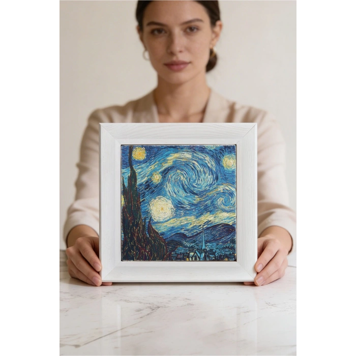 Vincent Van Gogh -Yıldızlı Gece - Doğal Ahşap Çerçeveli Taş Tablo