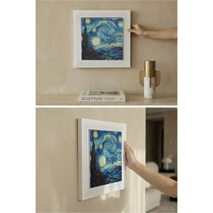 Vincent Van Gogh -Yıldızlı Gece - Doğal Ahşap Çerçeveli Taş Tablo
