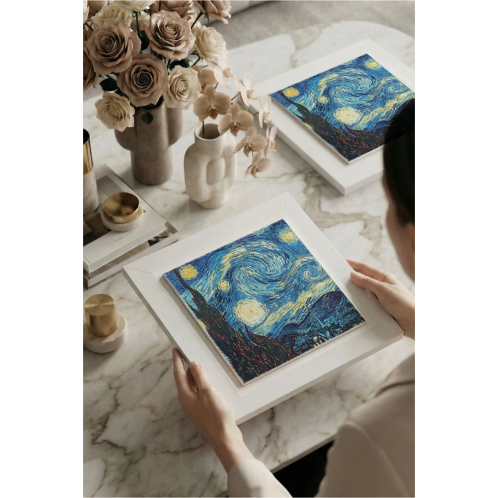 Vincent Van Gogh -Yıldızlı Gece - Doğal Ahşap Çerçeveli Taş Tablo