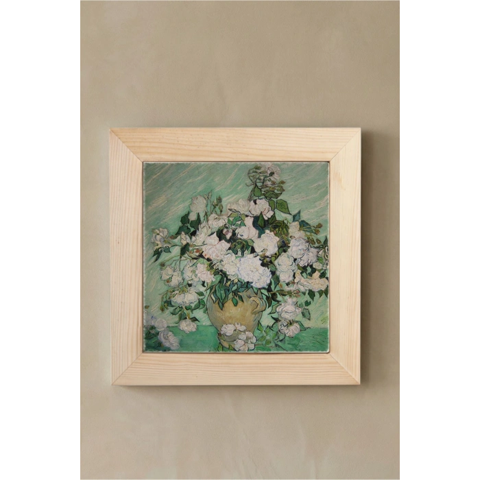 Vincent Van Gogh - Vazoda Güller - Doğal Ahşap Çerçeveli Taş Tablo