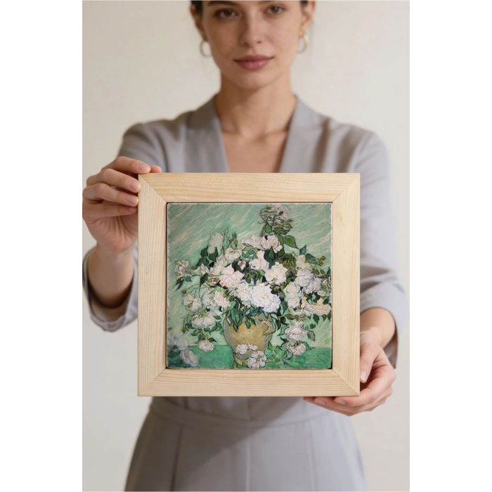 Vincent Van Gogh - Vazoda Güller - Doğal Ahşap Çerçeveli Taş Tablo