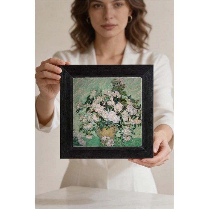 Vincent Van Gogh - Vazoda Güller - Doğal Ahşap Çerçeveli Taş Tablo